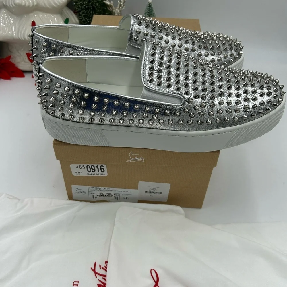 Men's Christian Louboutin roller boat, metallic silver spiked sneakers size 46